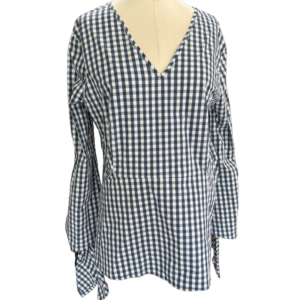 J.Crew Universal Standard Blue White Gingham V-Neck Shirt Women's Small